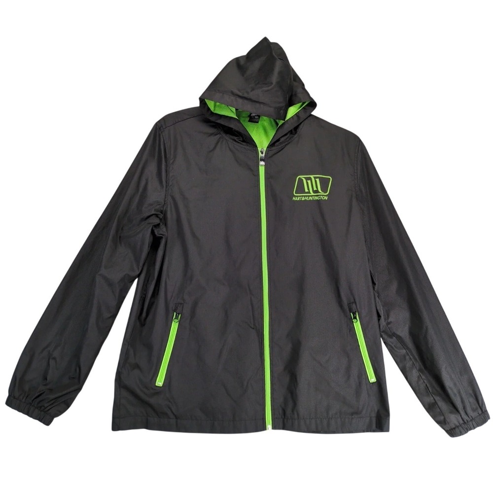 Hart & Huntington Black Windbreaker Mens L Hooded Full Zip Jacket Neon Trim Moto